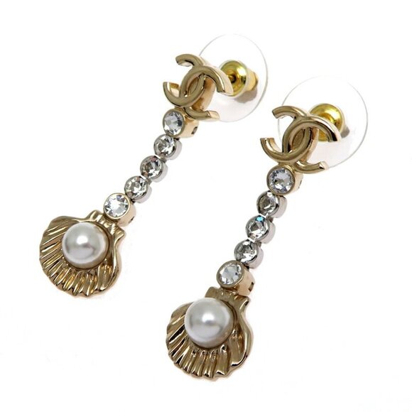 CHANEL Gold Pearl Logo Earrings - Picture 1 of 9